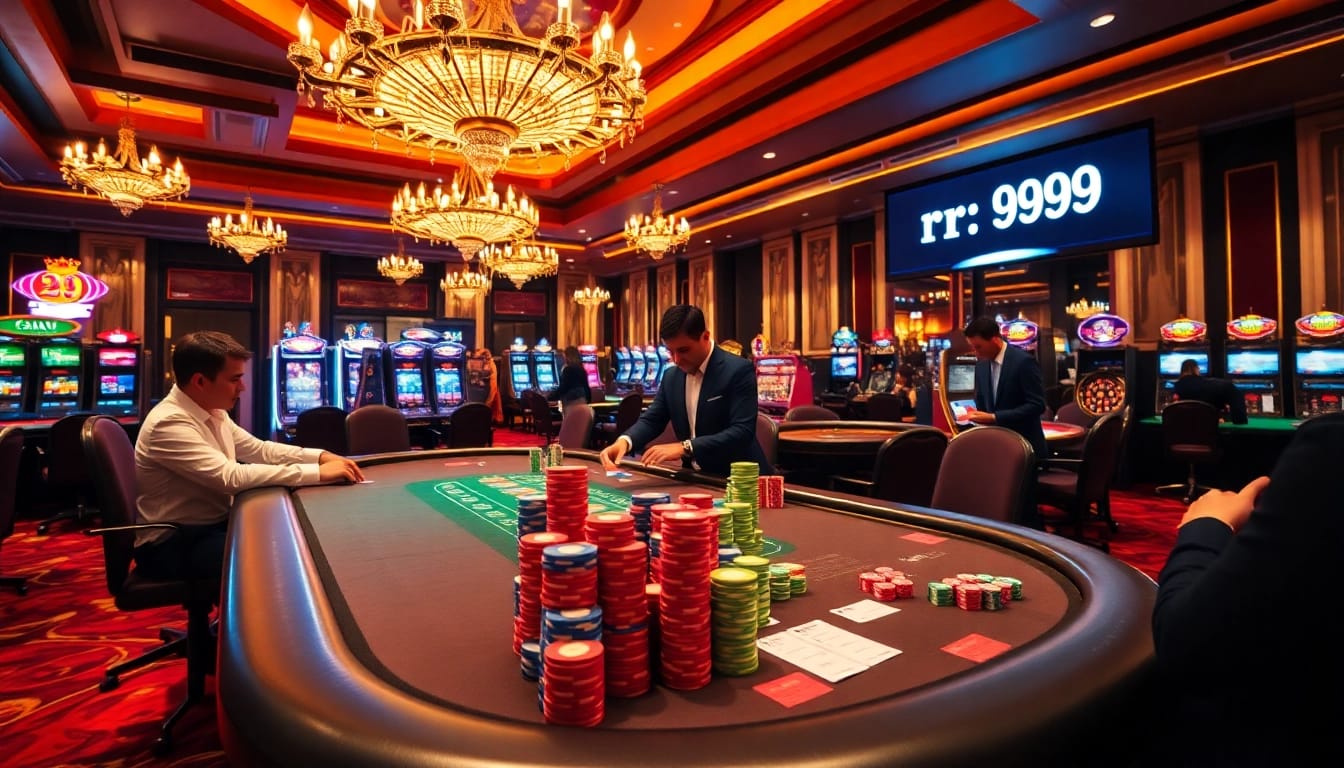 Engaging players at a poker table with rr99 chips in a luxurious casino environment.