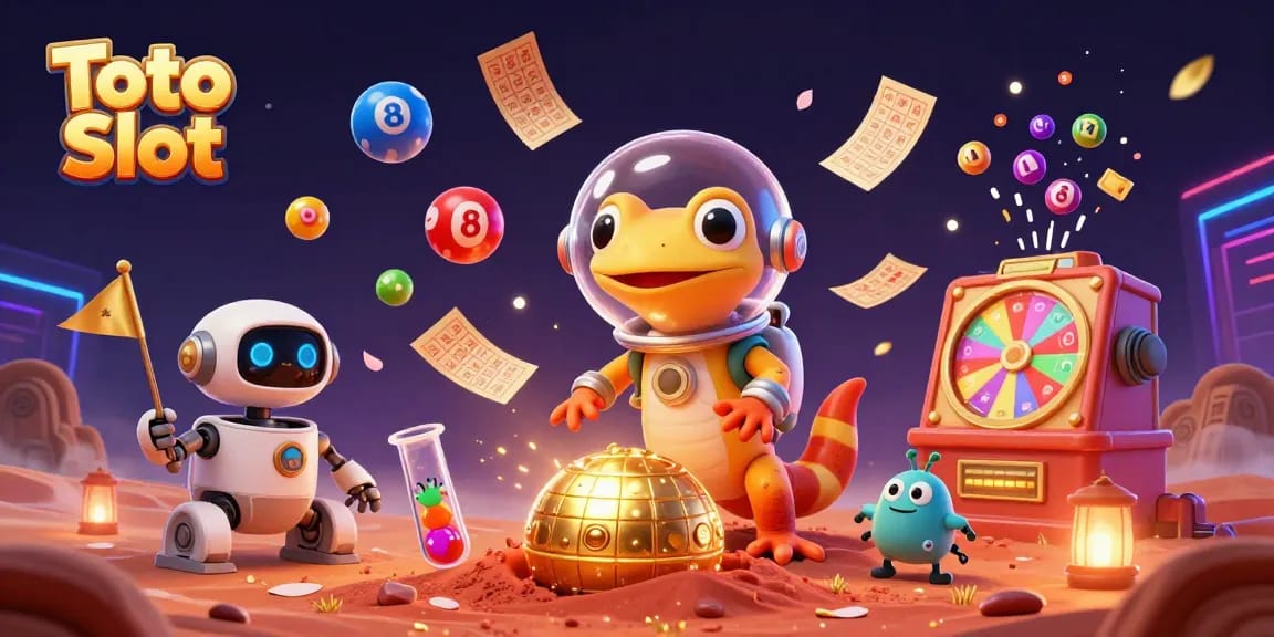Engage in exciting Toto Slot adventures with vibrant characters in a cosmic casino scene.