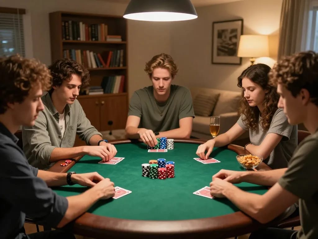 Friends enjoy a lively poker game at home, showcasing a strategic moment of fun with 789win.