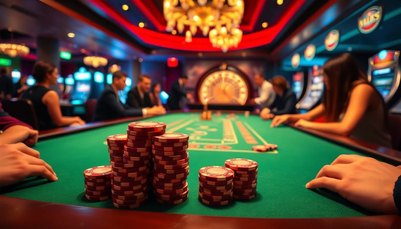TR88 players engaging in an exciting poker game with vibrant casino elements around.