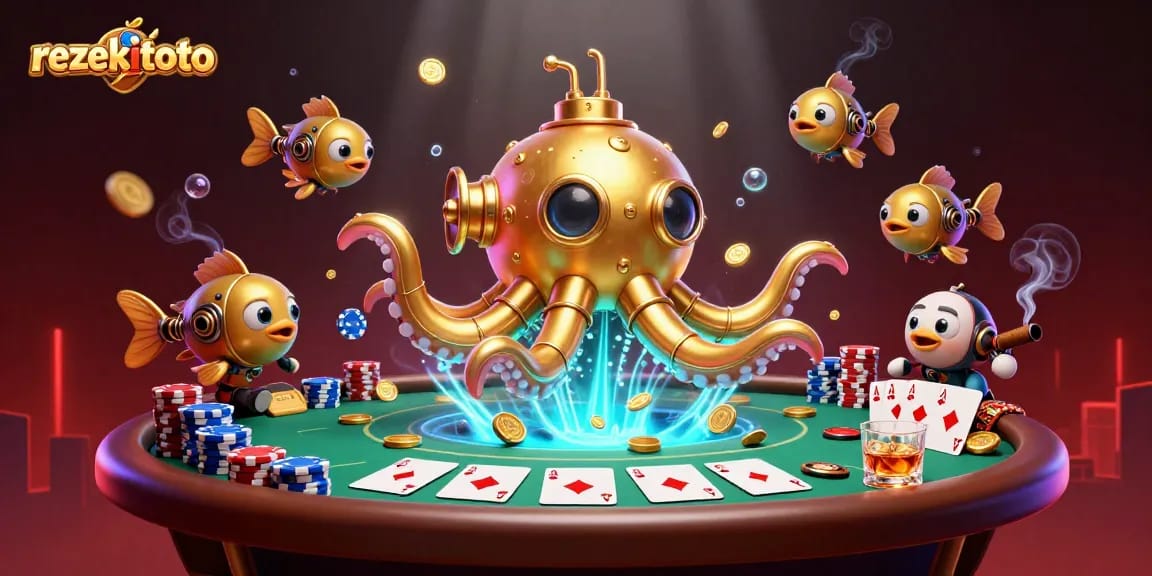 Experience online gambling thrill with rezekitoto's vibrant kraken submarine amidst golden coins and poker elements.