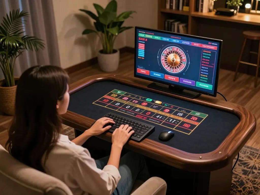 VN23 player engaging in live roulette game on laptop, cozy home atmosphere with strategic focus.