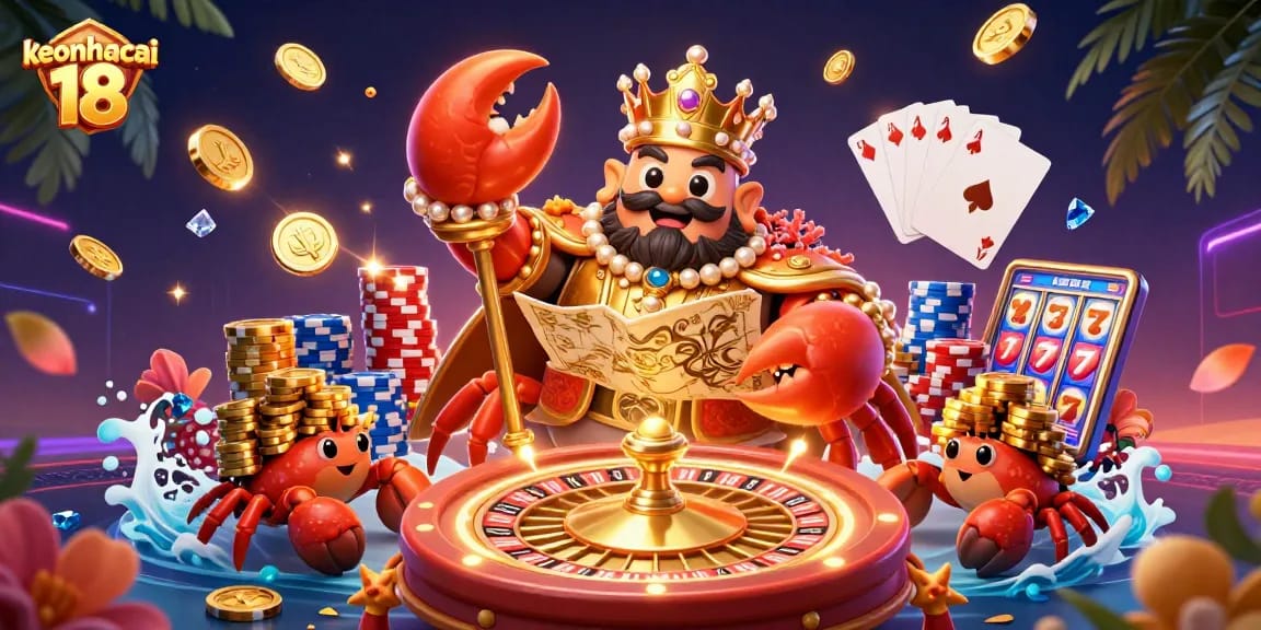 Engage with exciting bets at keonhacai 18 featuring a golden crab with treasure and chips.