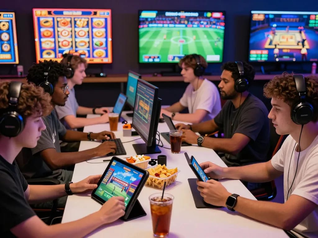 A diverse group of players enjoying the OPEN88 online gaming platform with vibrant games and snacks.