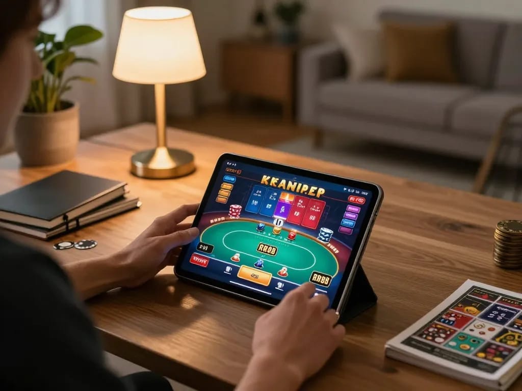 Engaged player enjoying RR88 online poker game on tablet in cozy living room