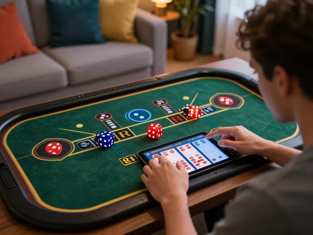 Sicbo Online gameplay displayed on a tablet, highlighting engaging dice graphics in a cozy home setting.