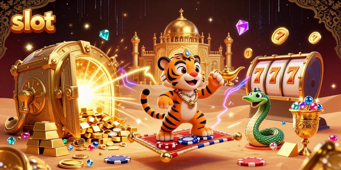 Experience the thrill of slot gaming with a mystical tiger sultan in a captivating 3D scene.