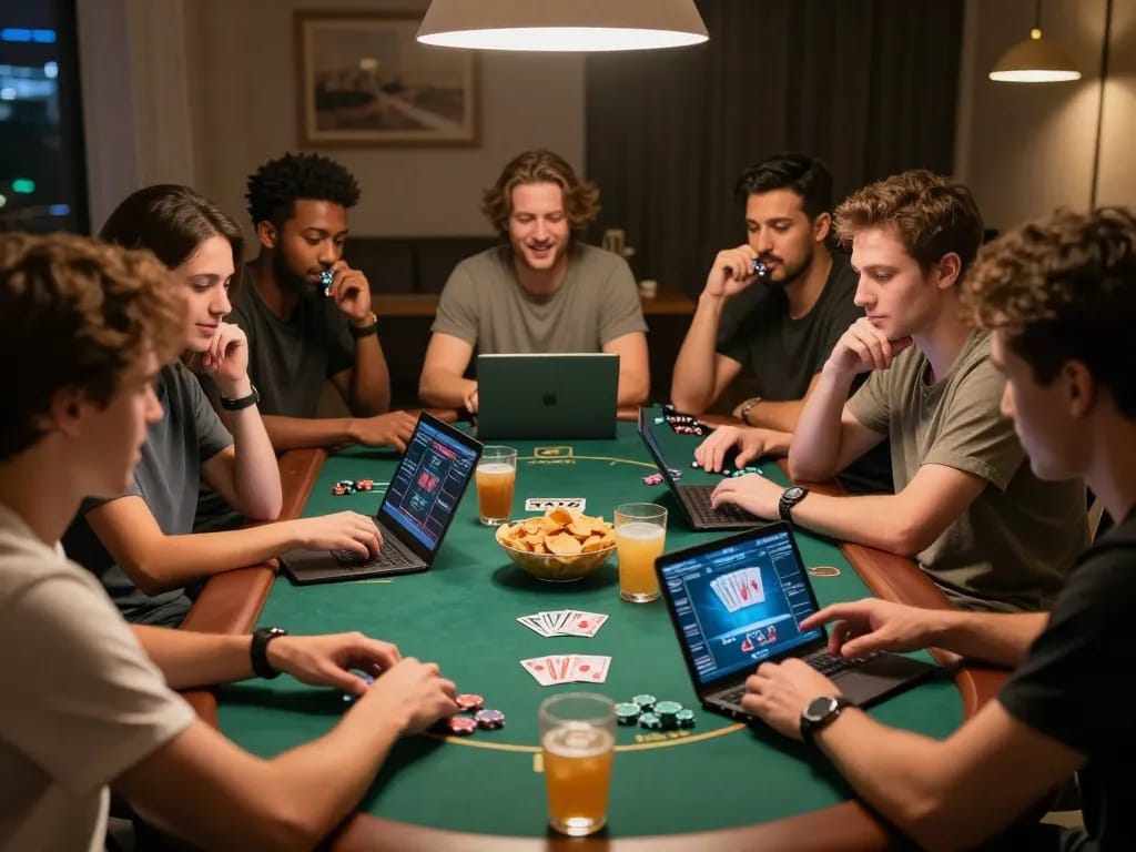 Friends enjoying a thrilling poker game online using MM 88 at home