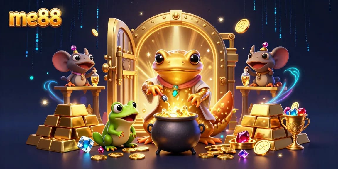 Watch me88's golden salamander alchemist create riches in this vibrant casino-themed scene.