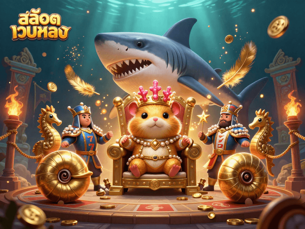 Engage with สล็อตเว็บตรง in a vibrant scene featuring a fierce golden hamster king and casino elements.