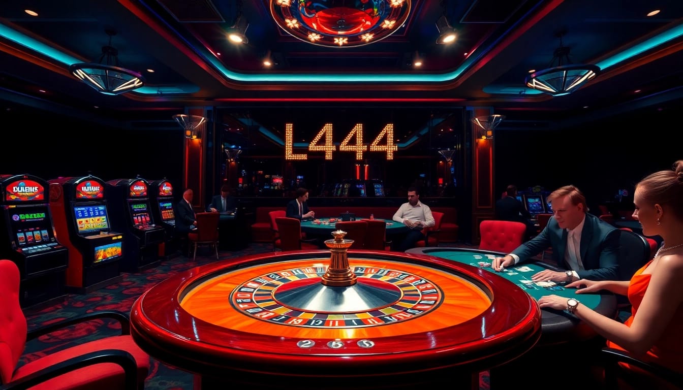 Engaging casino scene featuring L444 with poker players and a roulette table in a luxurious setting.