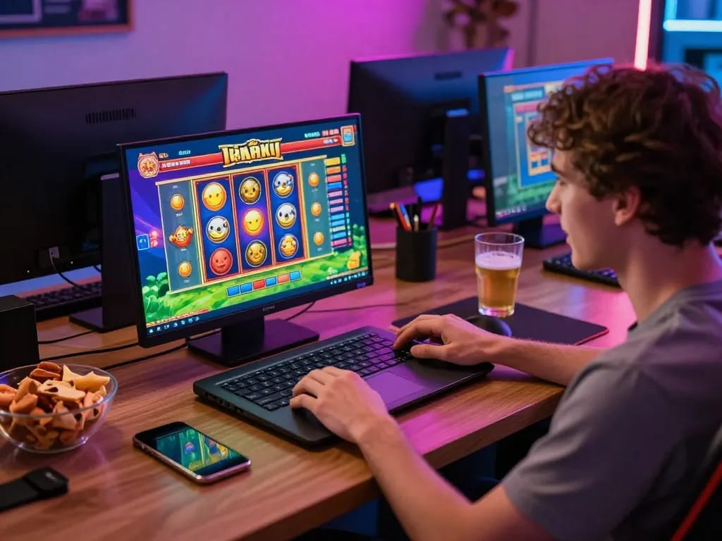 Engaging with a Legit Online Casino on a laptop at home with animated slot reels.