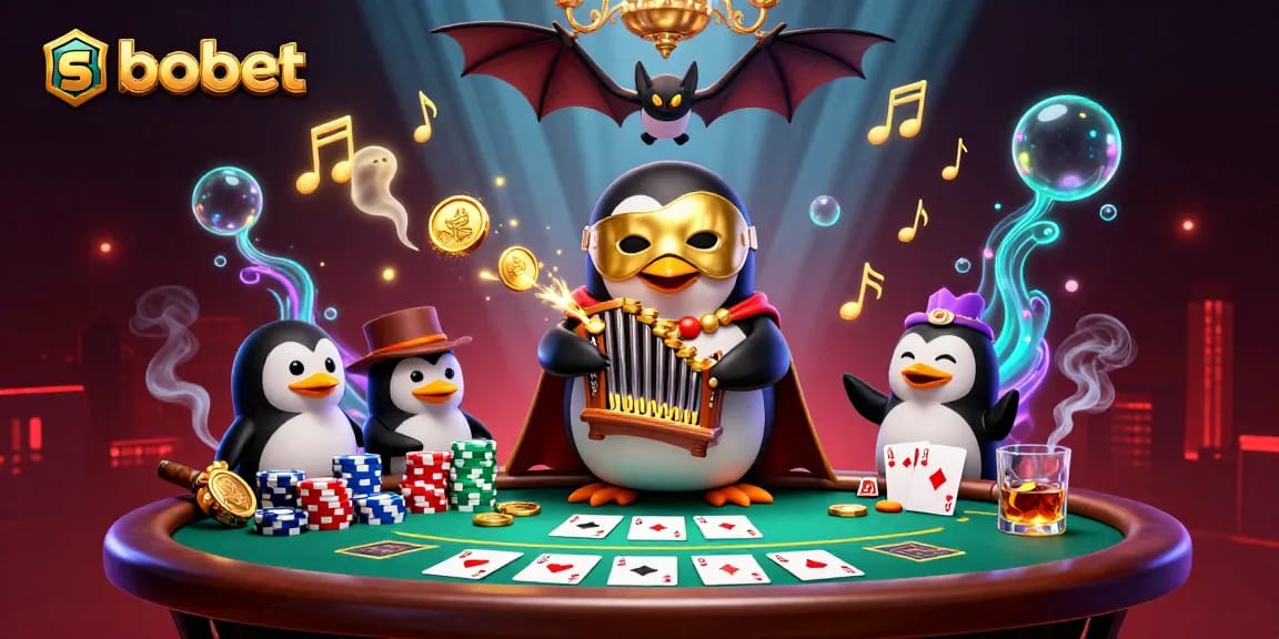 Experience sbobet action with a spirited penguin organist and a whimsical bat in a vibrant casino scene.