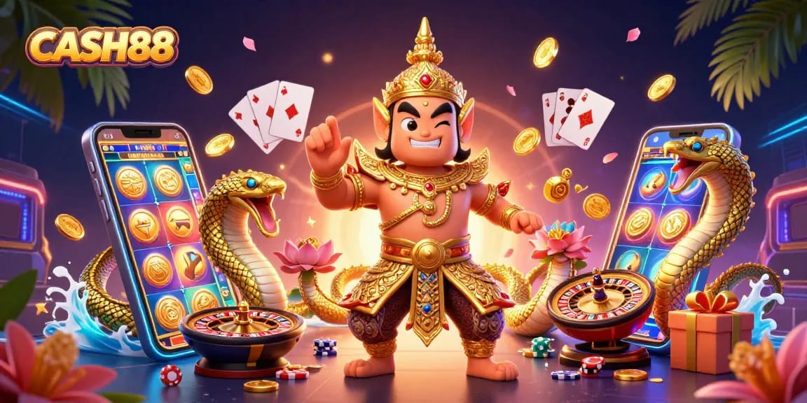 CASH88 introduces dynamic gameplay with vibrant scenes of slot games and golden rewards.