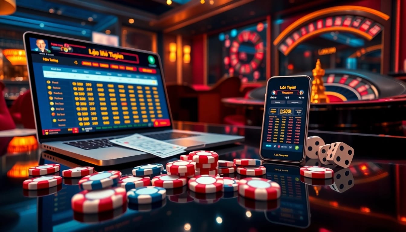 Lô đề trực tuyến platform displaying fast data updates with vibrant betting chips and digital lottery slips
