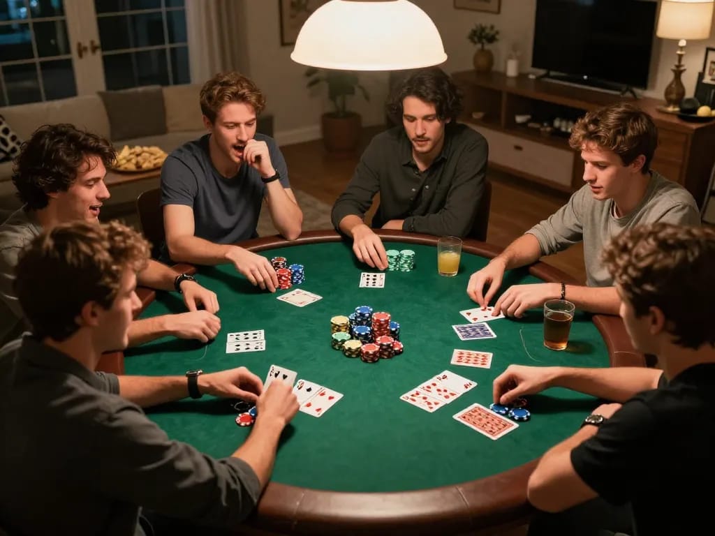 Sahabat yang terlibat dalam permainan poker yang hidup di rumah, menyoroti gameplay strategis aman788 dengan chip dan kartu poker berwarna-warni.