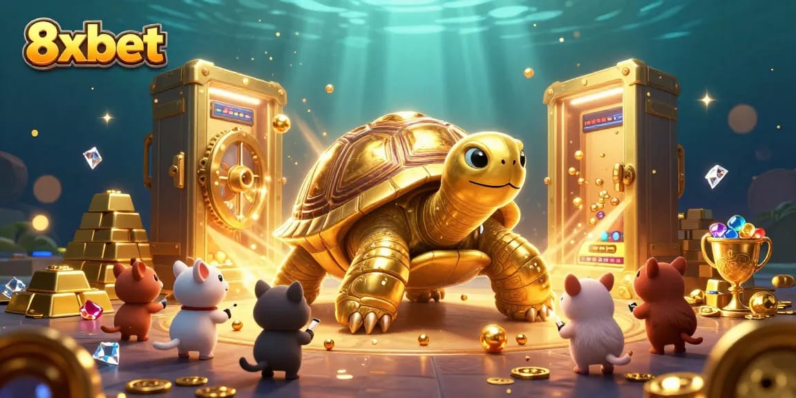 8xbet engages players with a thrilling illustration of a golden tortoise pinball machine and treasure theme.