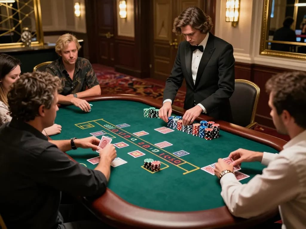 Players enjoying blackjack at tr88 casino table with dealer shuffling cards, vibrant gaming atmosphere