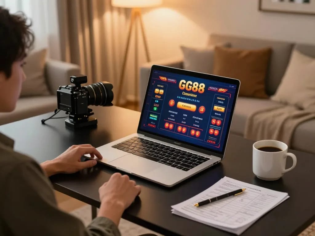 Player engaging on GG88 online casino interface during a cozy gaming session at home