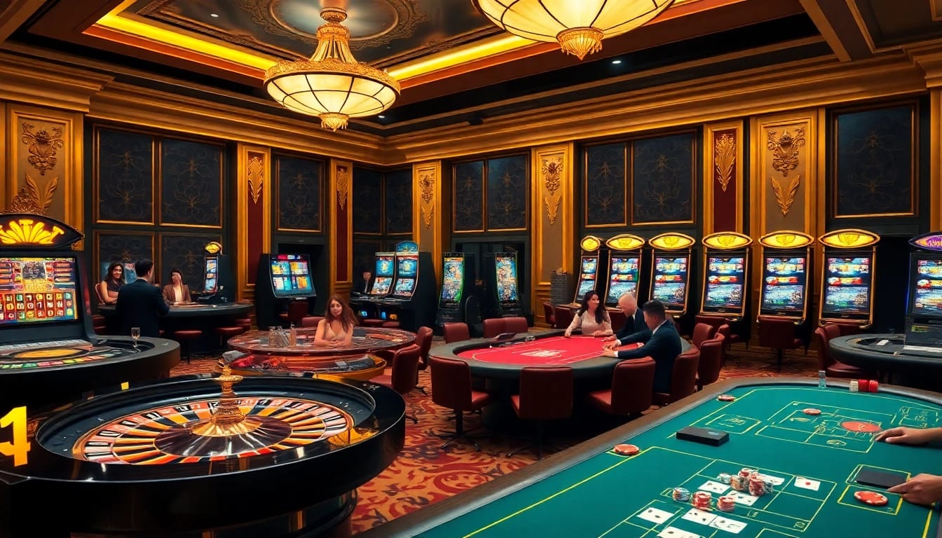 Engaged players enjoying the opulent casino atmosphere at https://33win5.it.com/ while playing roulette and poker.