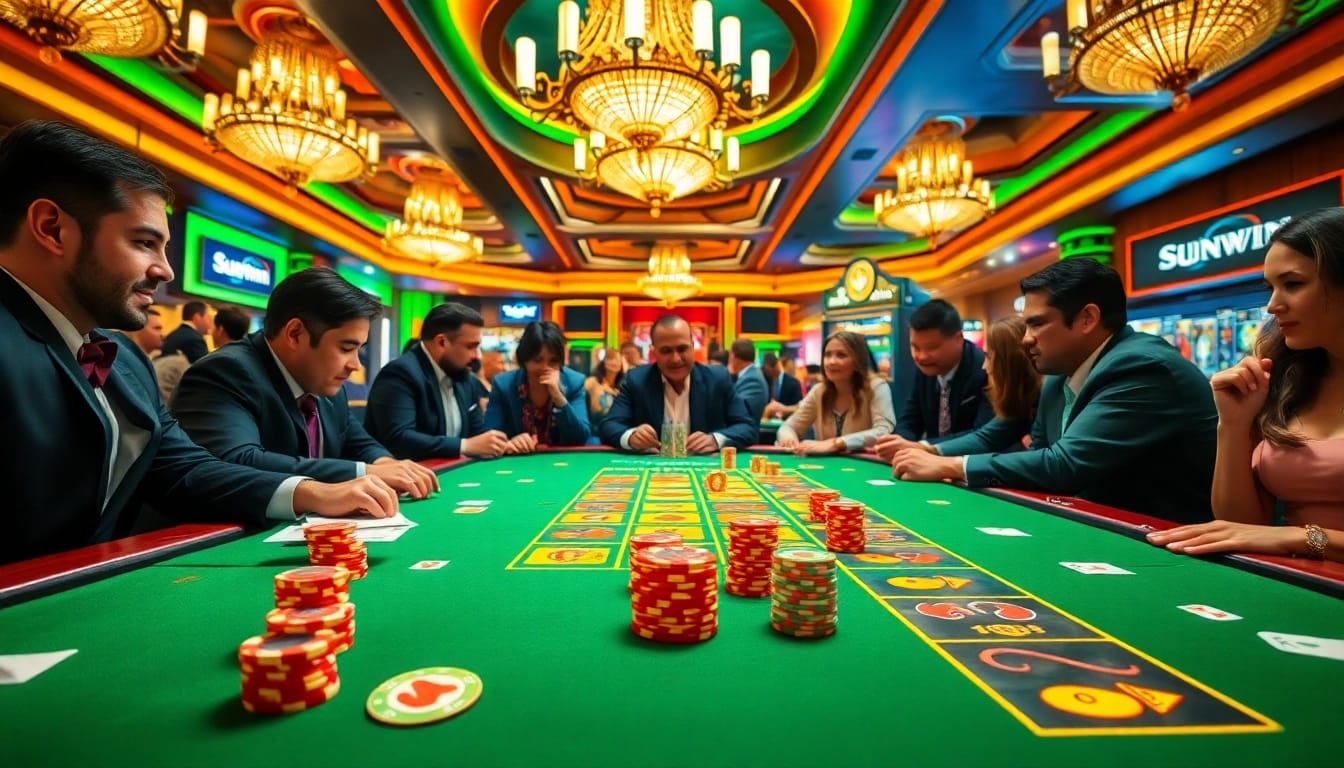 Sunwin players experiencing excitement at a vibrant casino table with poker chips.