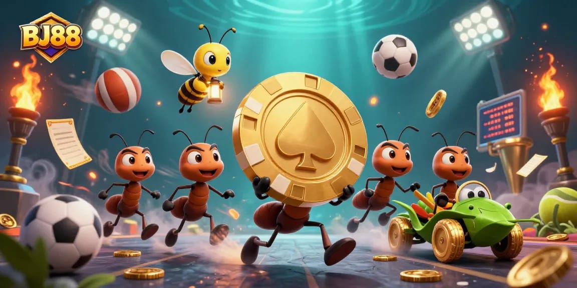 BJ88 engages players with thrilling sports betting action, featuring cartoon ants, golden poker chips, and dynamic sports elements.