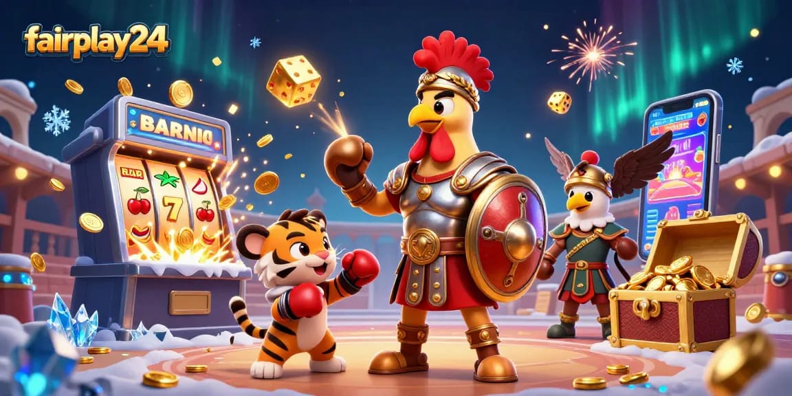 Experience thrilling gameplay with fairplay24's vibrant 3D illustration showcasing exciting casino elements and characters.