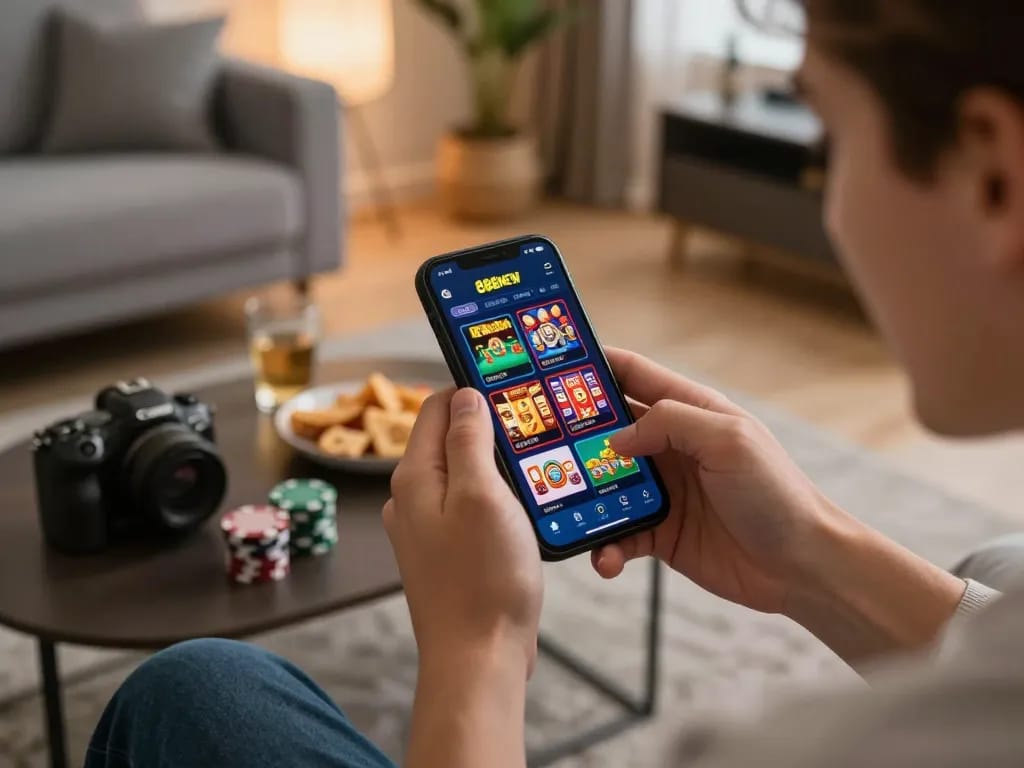 Engaged user exploring gaming options on the 888NEW app in a cozy living room setting.