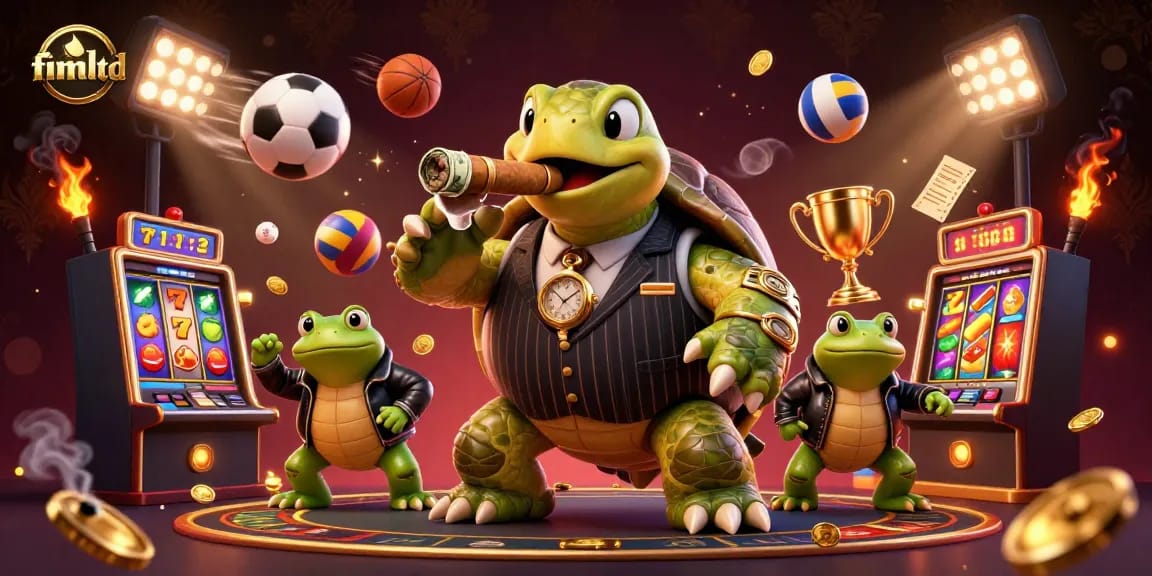 Experience the vibrant world of fimltd with a snapping turtle mobster surrounded by rich casino imagery.