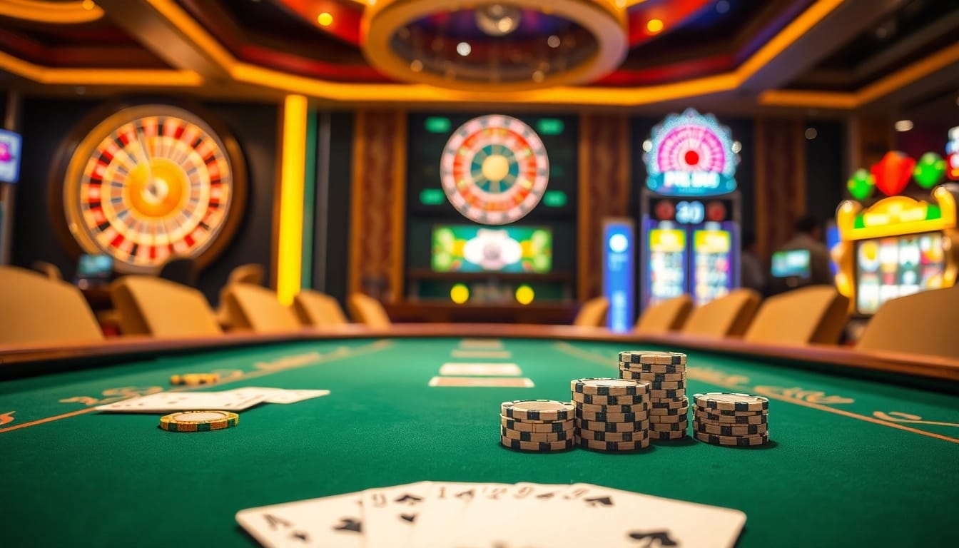 Players engaging in thrilling poker action at RR88's luxurious casino table.