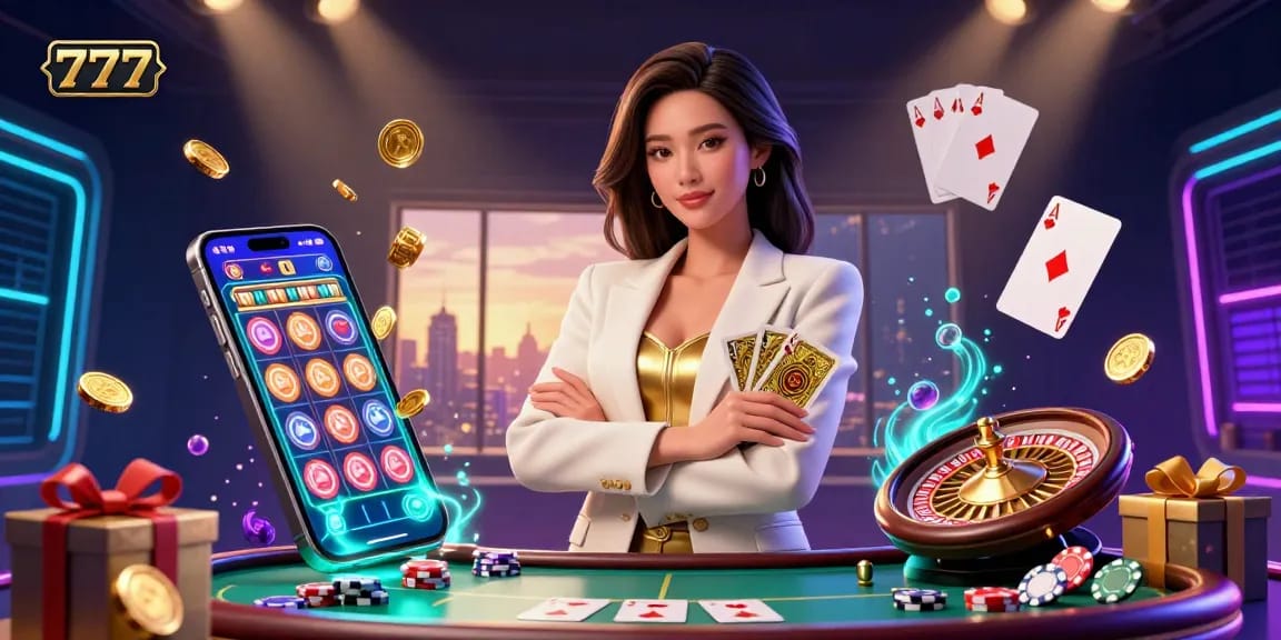 Experience the thrill of 777 with this vibrant casino scene featuring an elegant woman and dazzling game elements.