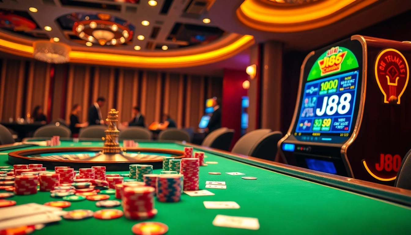 Players enjoy high-stakes games at a J88-themed casino table filled with vibrant poker chips.