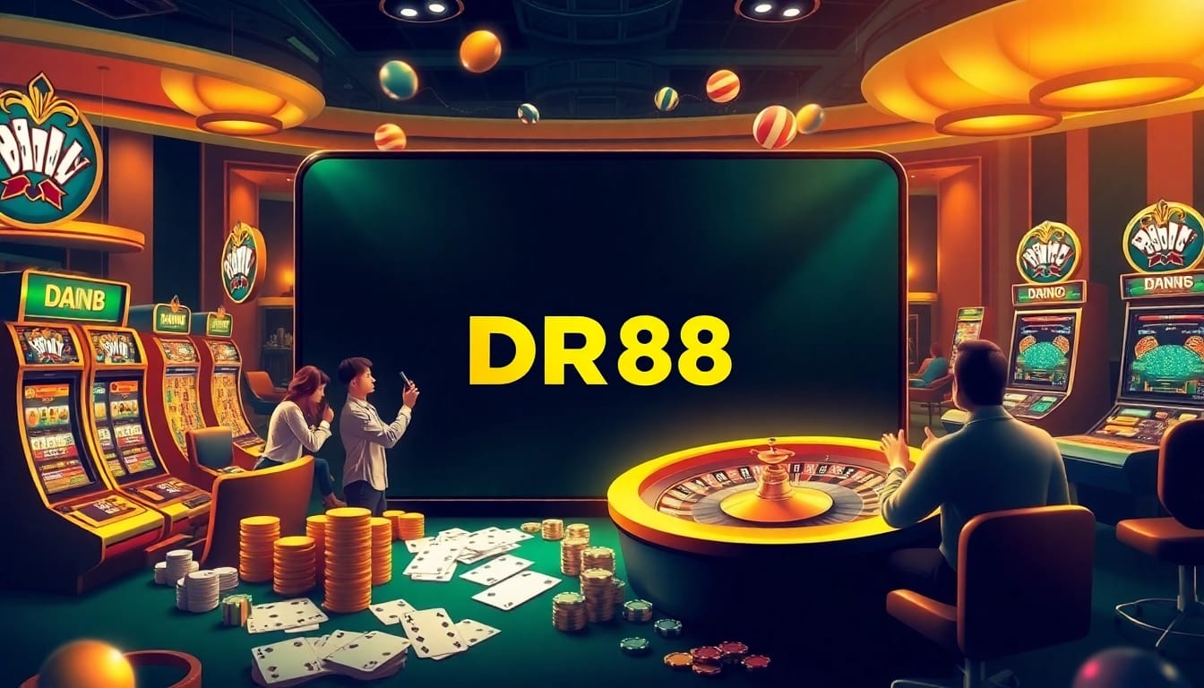Engage with the DR88 app in a luxury casino scene showcasing exciting gambling elements.