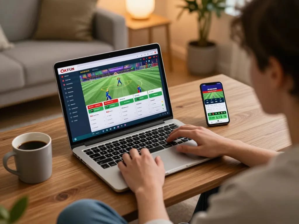 Engaging with the OKFUN app for sports betting at home, showcasing a dynamic online gambling experience.
