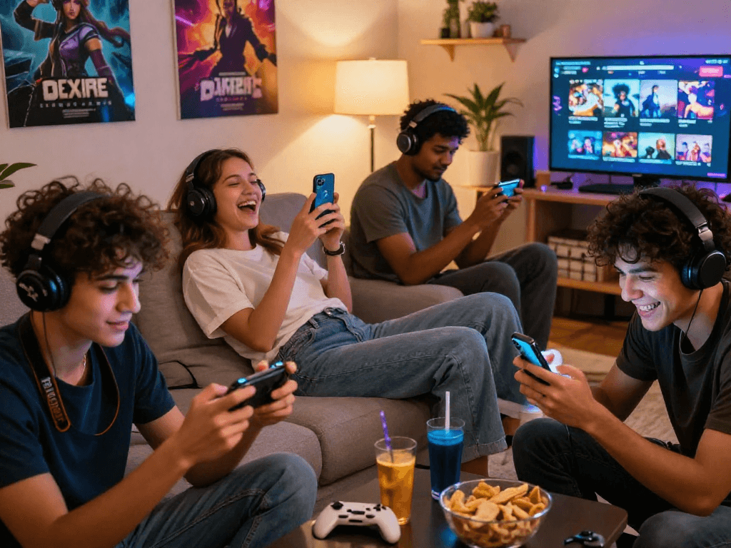 Enjoying free mobile porn games in a cozy living room with friends, showcasing vibrant gaming atmosphere.