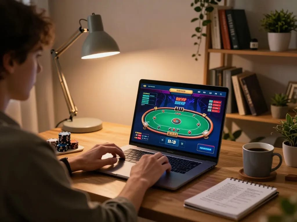 Play RIKVIP poker game on a laptop, cozy home setup with strategic betting notes.