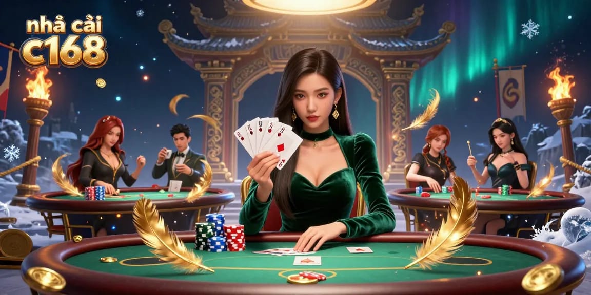 Engage in thrills at nhà cái c168 with photorealistic poker gameplay featuring strategic elements and vibrant decorations.
