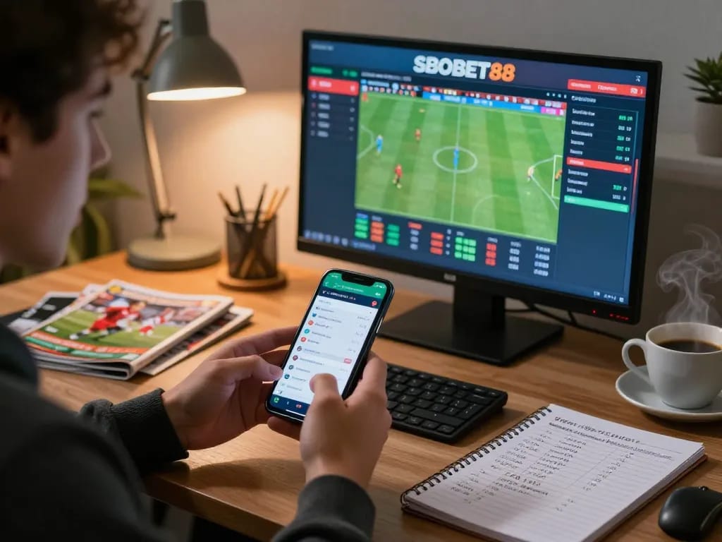 SBOBET88 sports betting enthusiast analyzing live match odds on multiple screens at home.