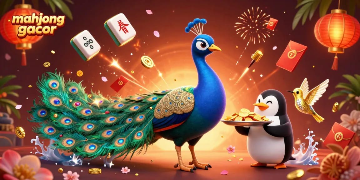 Experience mahjong gacor excitement with a colorful 3D illustration of characters and casino elements.