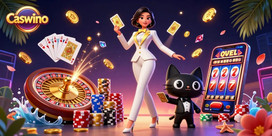 Experience exciting gameplay at Caswino with dynamic card shuffling, colorful chips, and thrilling casino elements.