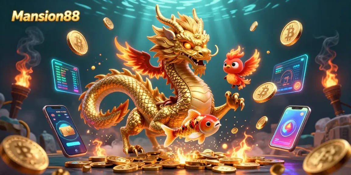 Spin the reels at Mansion88 with a fierce dragon and phoenix amidst golden coins.