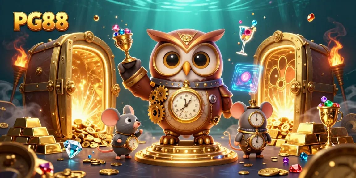 Experience the excitement of PG88 with a 3D illustration of an owl and mouse in a vibrant casino scene.