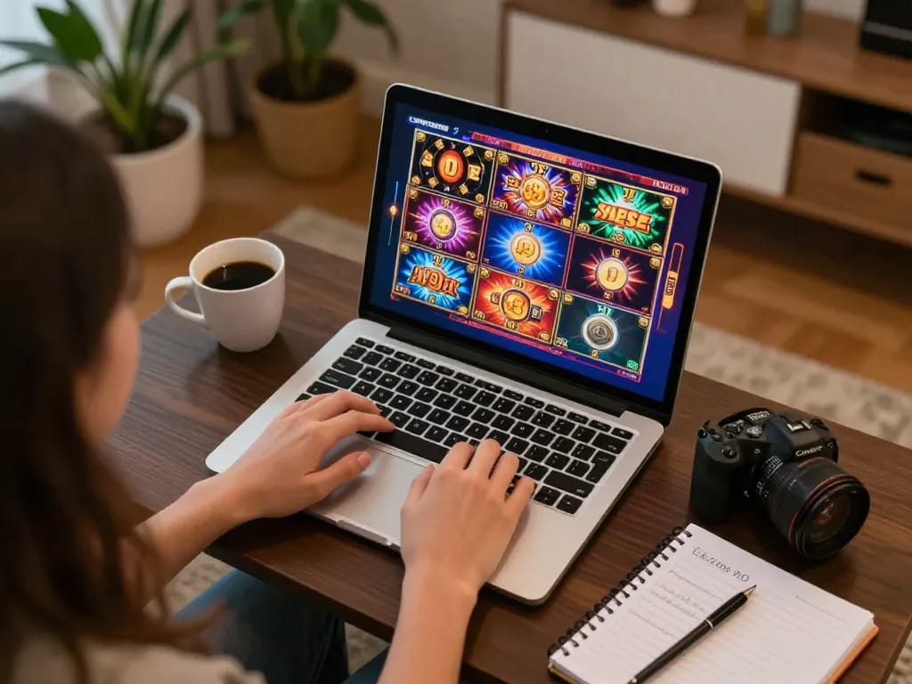 Engaged player enjoying slots not on Gamstop during an online gaming session, showing gameplay and strategy notes.