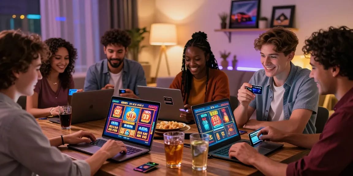 Friends enjoying online gaming at credit card casinos from https://dea.org.uk, surrounded by vibrant game graphics and a cozy atmosphere.