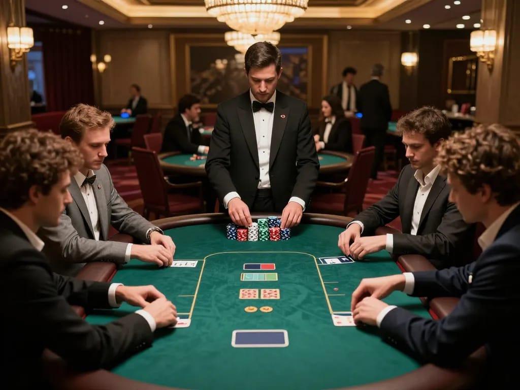 Players engaged in a high-stakes poker game showcasing MM88's gambling strategy in a luxury casino.