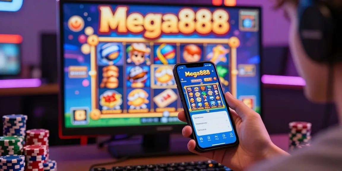 Mega888 gaming excitement with player engaged in mobile gameplay, vibrant graphics, and casino atmosphere.