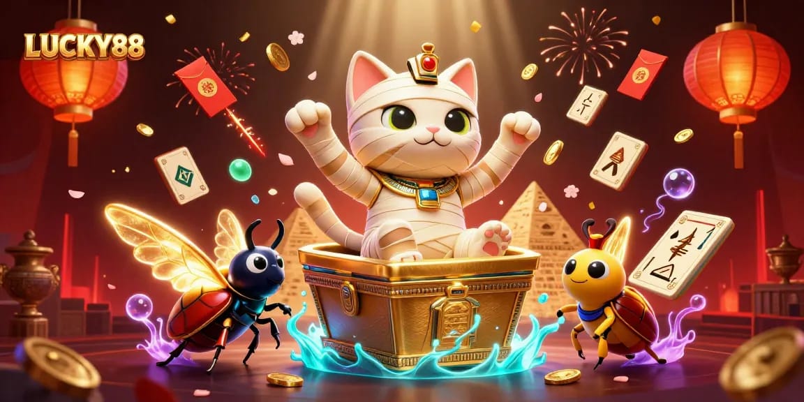 LUCKY88 captures an Egyptian mummy cat and beetle in a vibrant casino scene with gold coins.