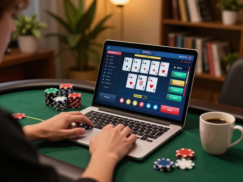 Engaging online poker game on nego77 with cards and chips visible, cozy home setting.