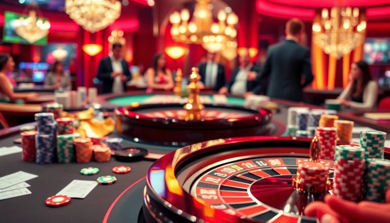 Engaging table scene showcasing kqbd-style betting excitement with roulette and poker action.