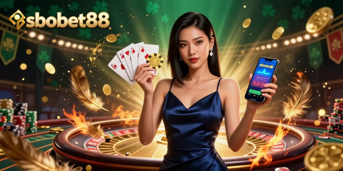 Engage with sbobet88 for thrilling online sports betting, featuring a confident woman in a casino-themed scene.